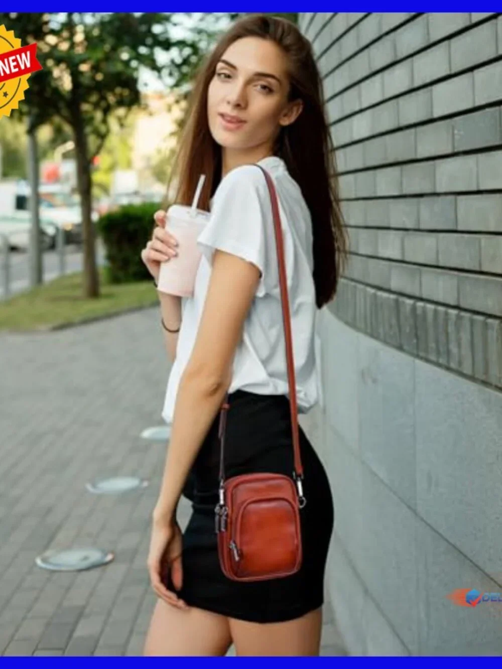 Genuine Leather Crossbody Bag with RFID, Adjustable Strap, 3 Zippered